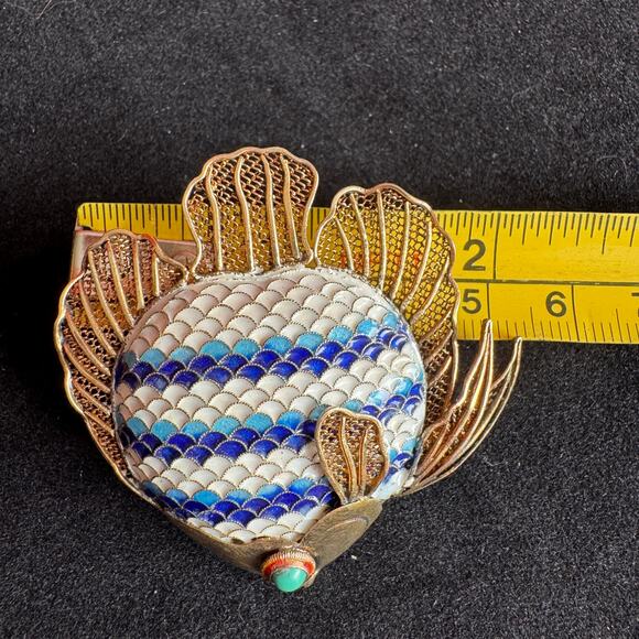 Vtg Solid Gilded Silver & Cloisonne Angel Fish Brooch/Pendant Lapis Eye 1950's - Picture 3 of 9